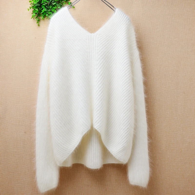 

Женская осенне-зимняя одежда в белую полоску, пуловер из ангорской шерсти с длинными рукавами и V-образным вырезом, свободный свитер
