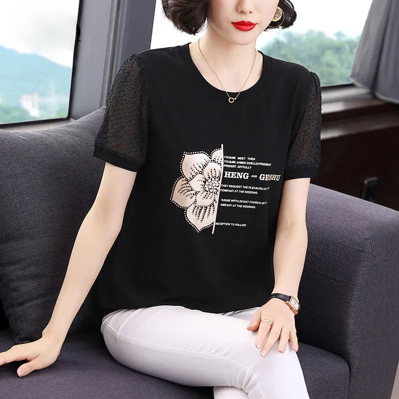 

Women's Clothing Casual Printed T-shirt Floral Summer Short Sleeve Commute Spliced All-match Letter Fashion Diamonds Pullovers