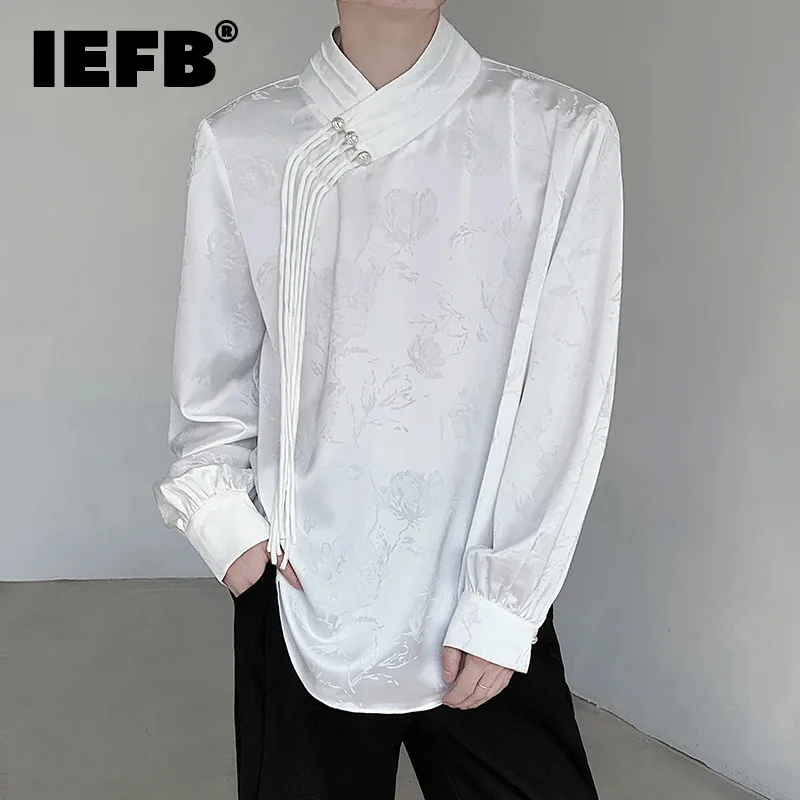 

IEFB Men's Shirt New Chinese Style Knot Button Jacquard Smooth Clothing Long Sleeve Ribbon Loose Casual Trendy Male Top 9C5881