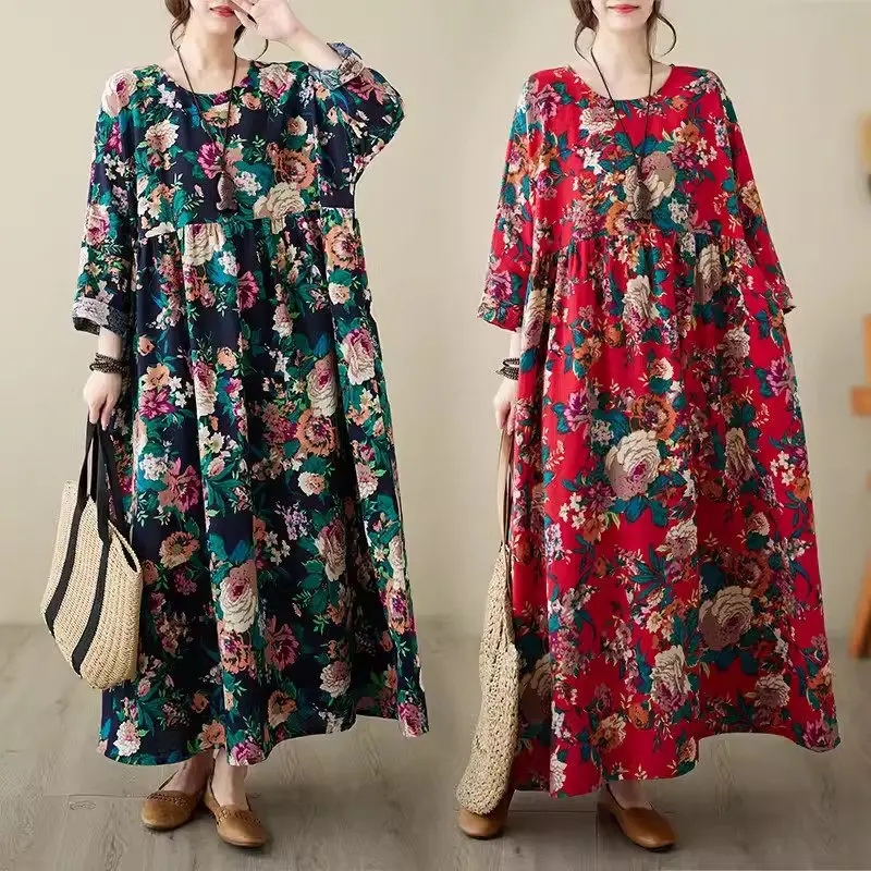 

Женское платье в этническом стиле, свободное платье в стиле ретро, с крупными цветами, в северо-восточном стиле, большие размеры, весна-осень 2024, Z4801
