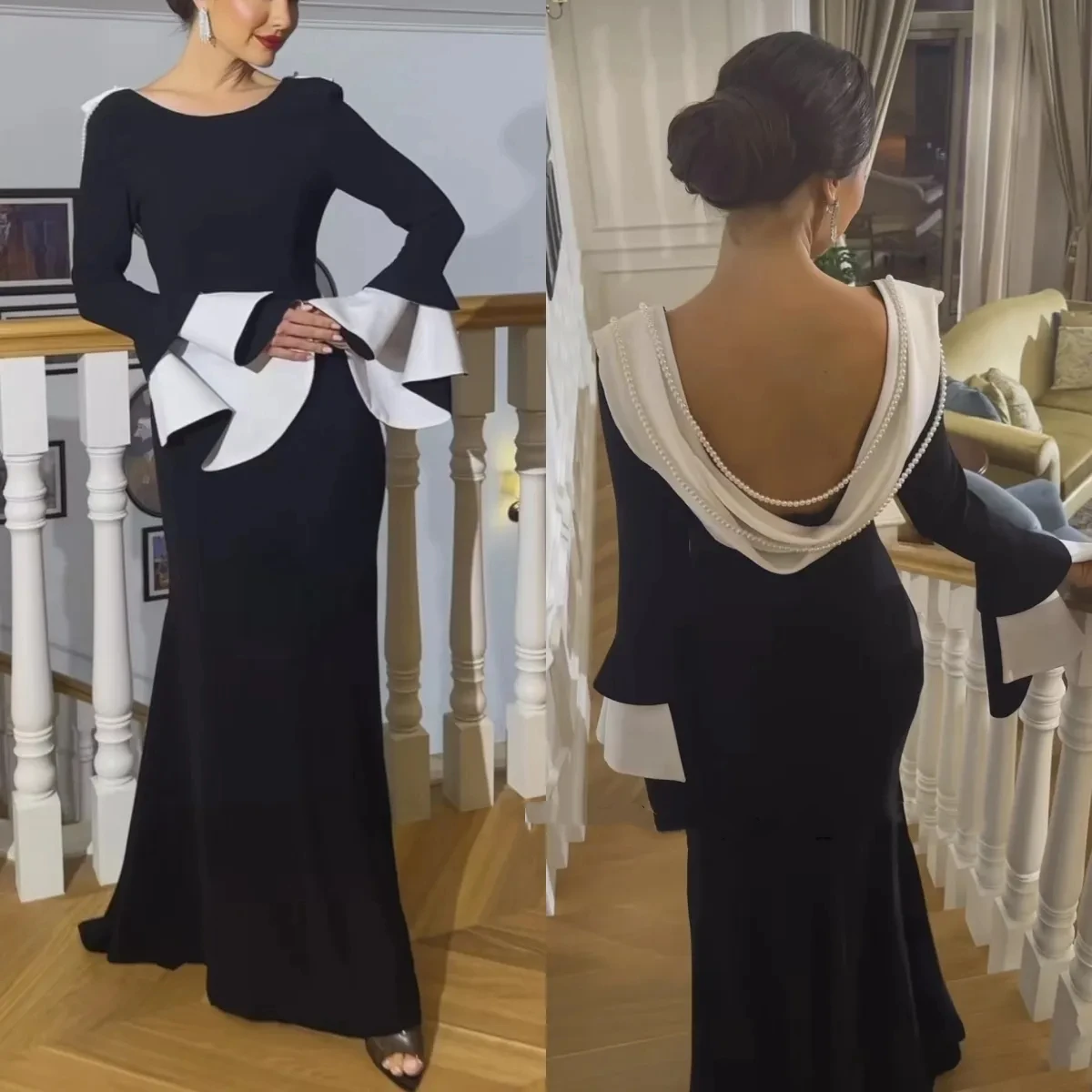 Exquisite Black White Evening Dresses Long Flare Sleeves Elegant Prom Gowns Pearls Backless Formal Occasion Dress Customed Made
Exquisite Black White Evening Dresses Long Flare Sleeves Elegant Prom Gowns Pearls Backless Formal Occasion Dress Customed Made