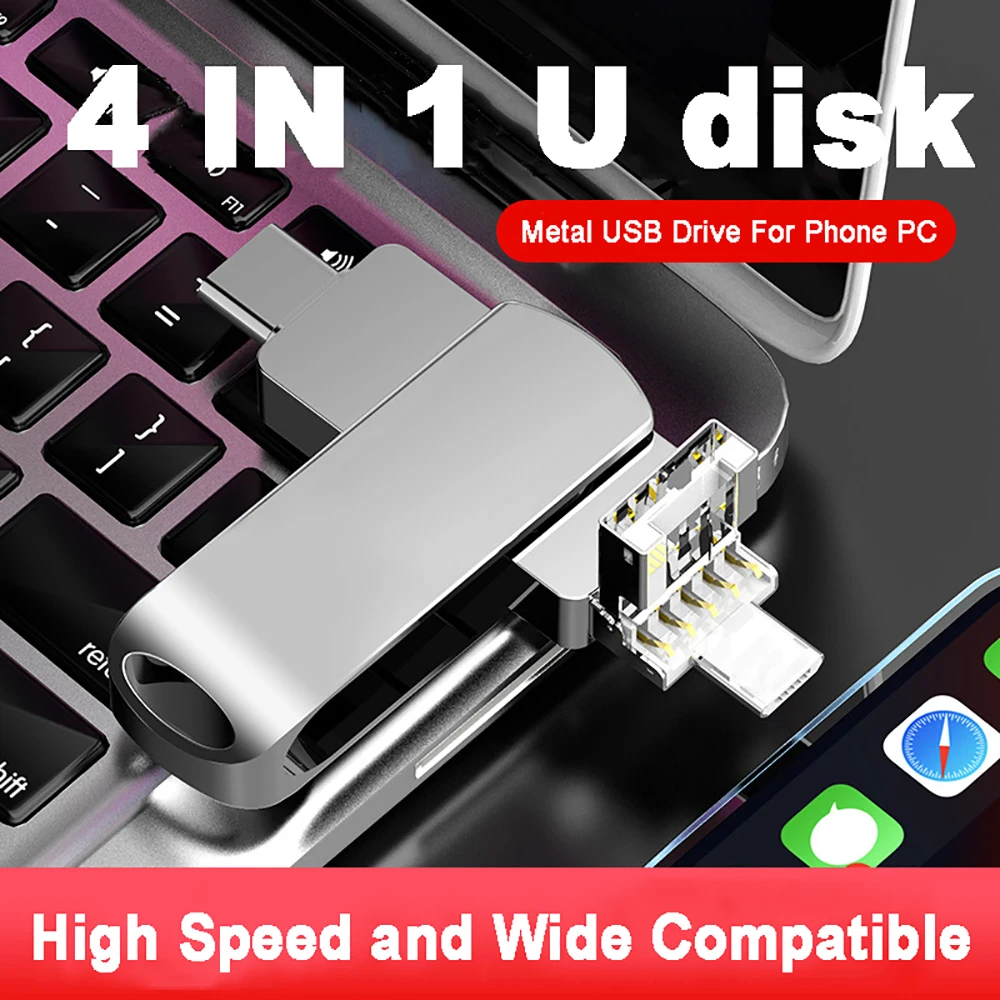 4 in 1 Usb 3.0 Flash Drive Lightning Pen Drive 16GB 32GB 64GB OTG Metal U Disk USB Pendrive Memory Stick For iPad Android Iphone
4 in 1 Usb 3.0 Flash Drive Lightning Pen Drive 16GB 32GB 64GB OTG Metal U Disk USB Pendrive Memory Stick For iPad Android Iphone
