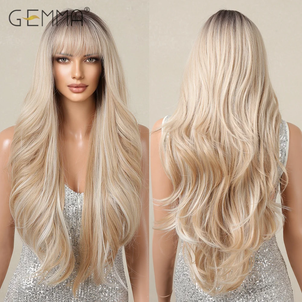 

Long Wavy Ombre Platinum Blonde Synthetic Hair Wig with Bangs for Women Dark Roots Natural Wave Cosplay Daily Wig Heat Resistant