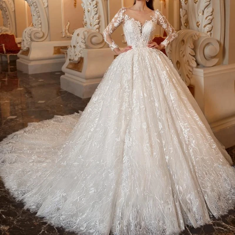 

Alonlivn Charming Appliques Lace O-Neck Wedding Dress Full Sleeves Luxury Ball Gown Bride Gowns Customize Made