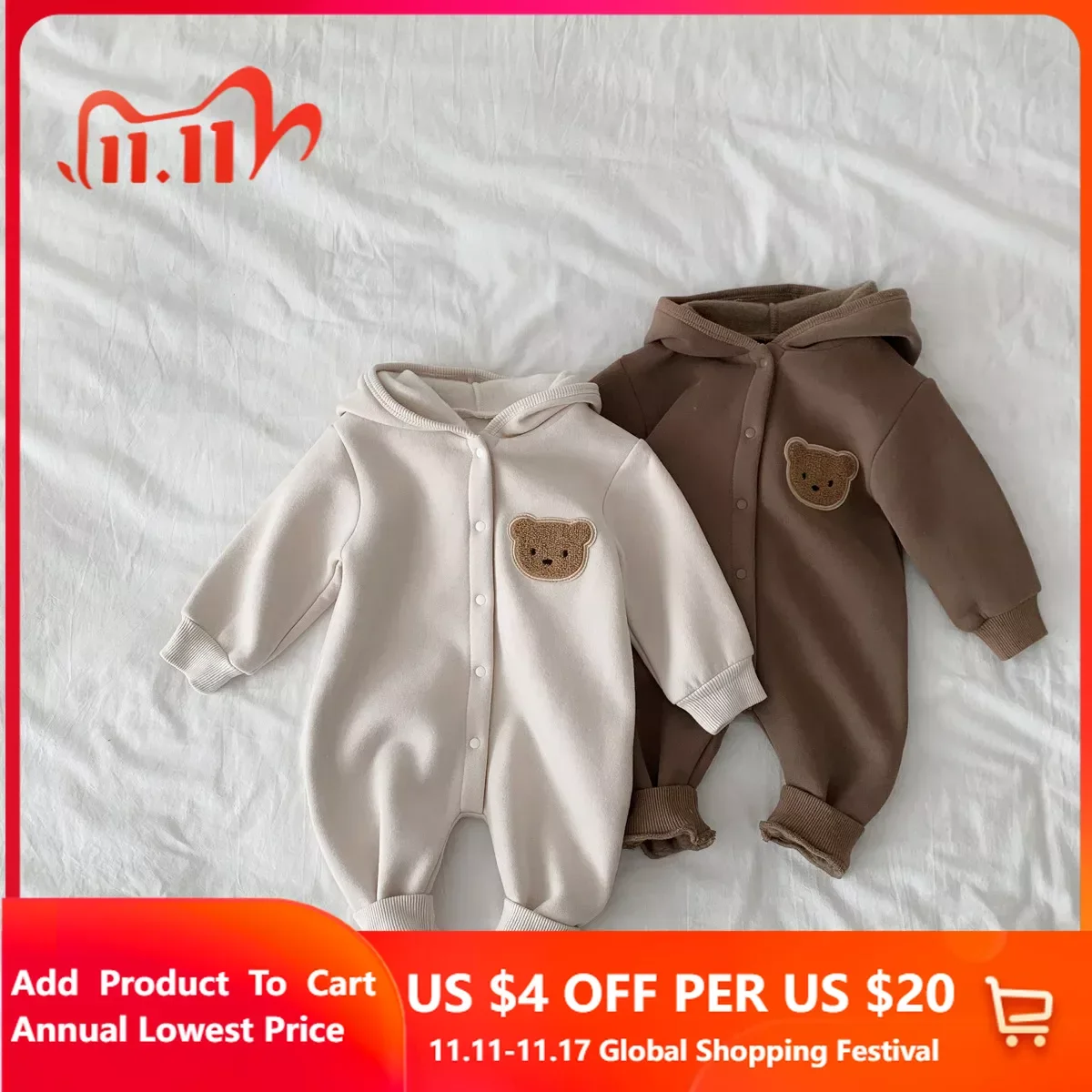 

Autumn and Winter Baby clothes bodysuits&one-pieces Thickening suit fleece bear crawling clothes newborn baby harness boys&girls