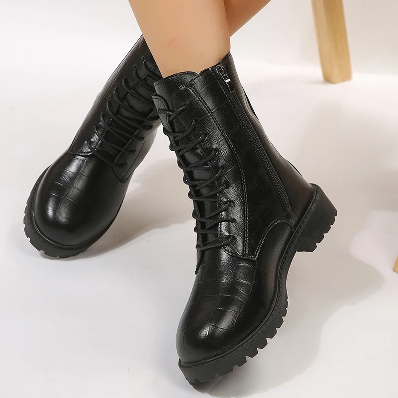 

Pu Leather Black Combat Boots Women 2023 Autumn Thick Bottom Platform Ankle Boots Womna Plus Size 42 Side Zip Motorcycle Shoes