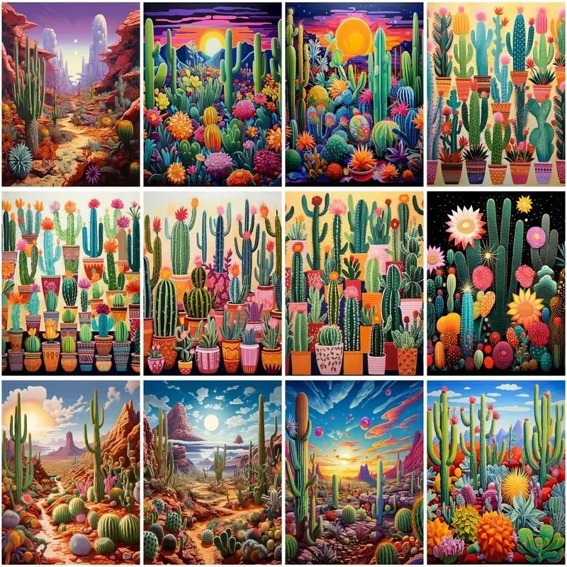 

GATYZTORY Full Square Round Diamond Painting Cactus Scenery Cross Stitch 5D DIY Diamond Embroidery Mosaic Home Decor