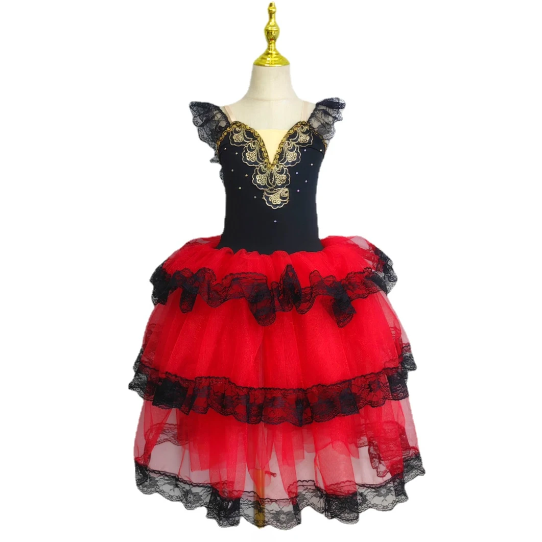 

Professional Ballet Romantic Tutu Long Skirt Black Red Spain Dress Adult Children's Ballet Performance Dress
