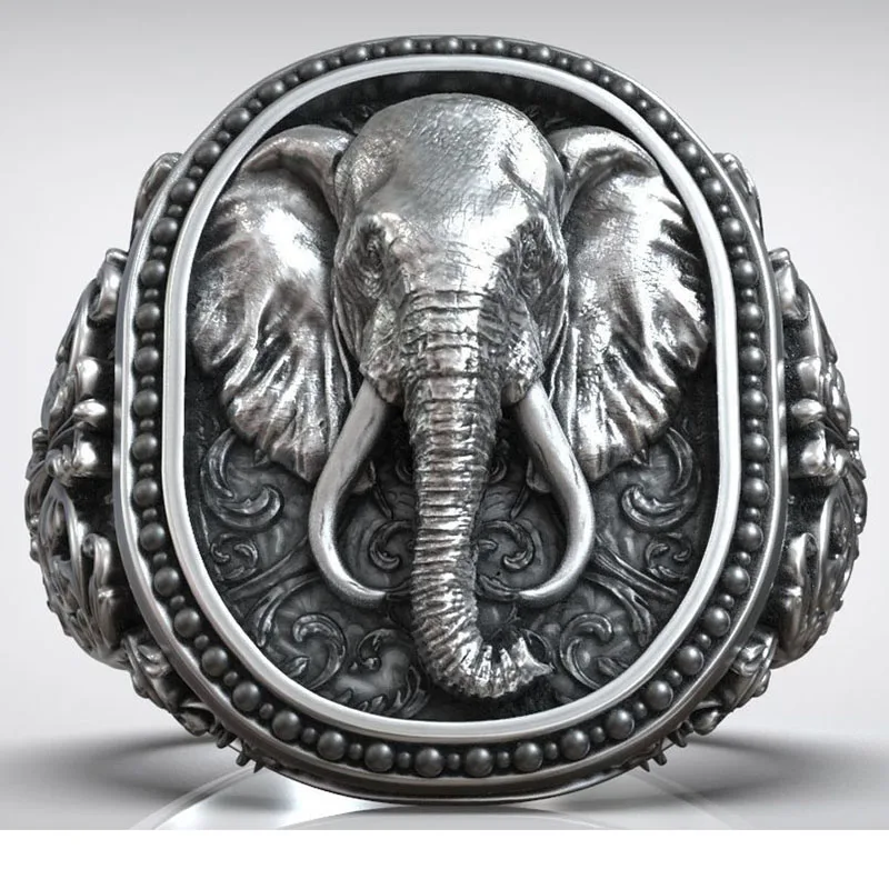 

23g Elephant Head Antique Pattern Men Signet Art Relief Gold Ring Customized 925 Solid Sterling Silver Ring Many Sizes sz6-13s