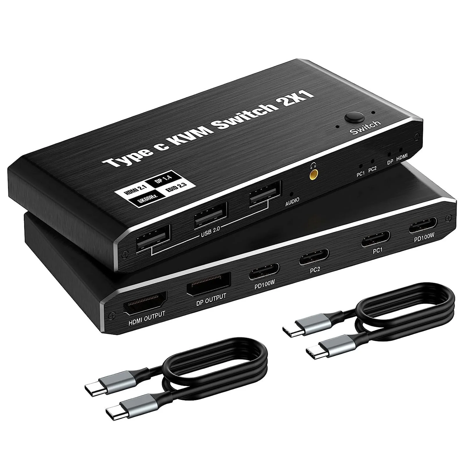 

2x1 8K Thunderbolt 4 USB C KVM Switch 100W PD Charge 4K 144Hz Type C DisplayPort 1.4 KVM Switch Switcher For 2 Laptop 1 Monitor