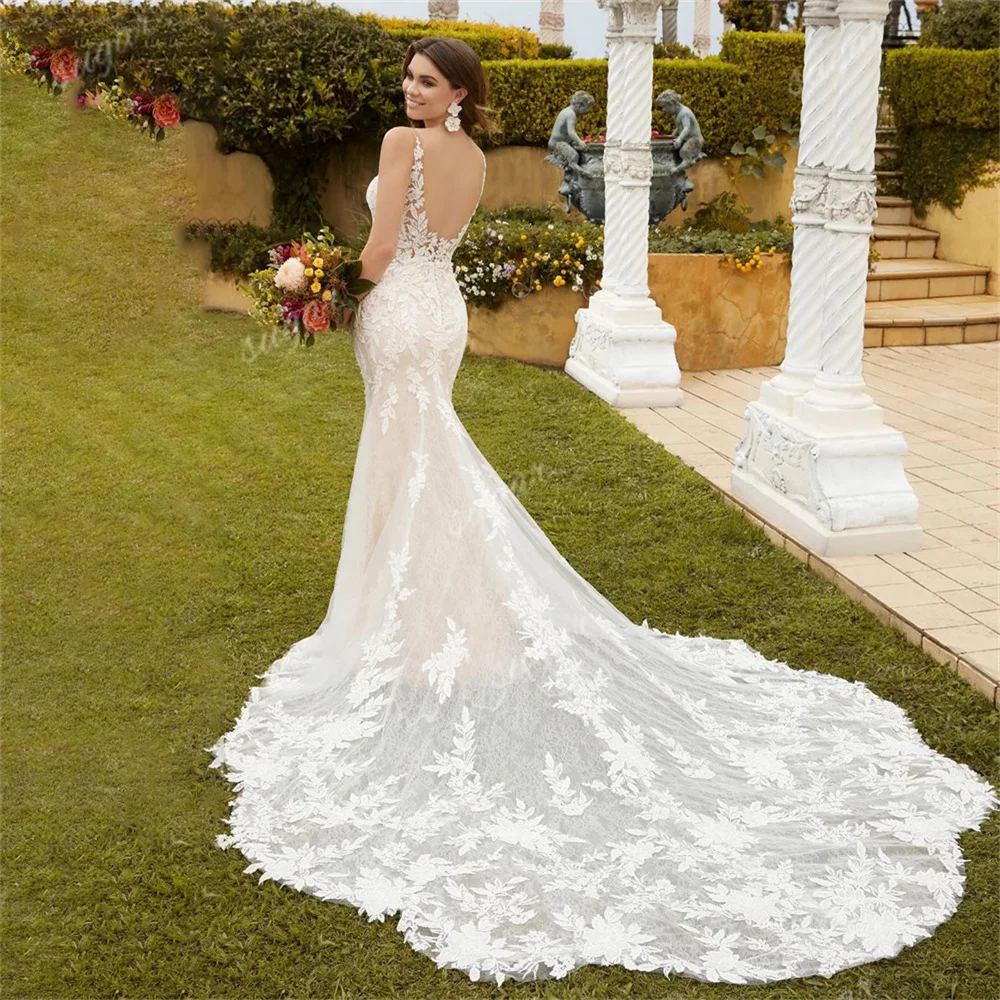 

Винтажное свадебное платье-Русалка на тонких бретельках, с V-образным вырезом, кружевной аппликацией в стиле бохо, с открытой спиной, свадебное платье для невесты, женское платье