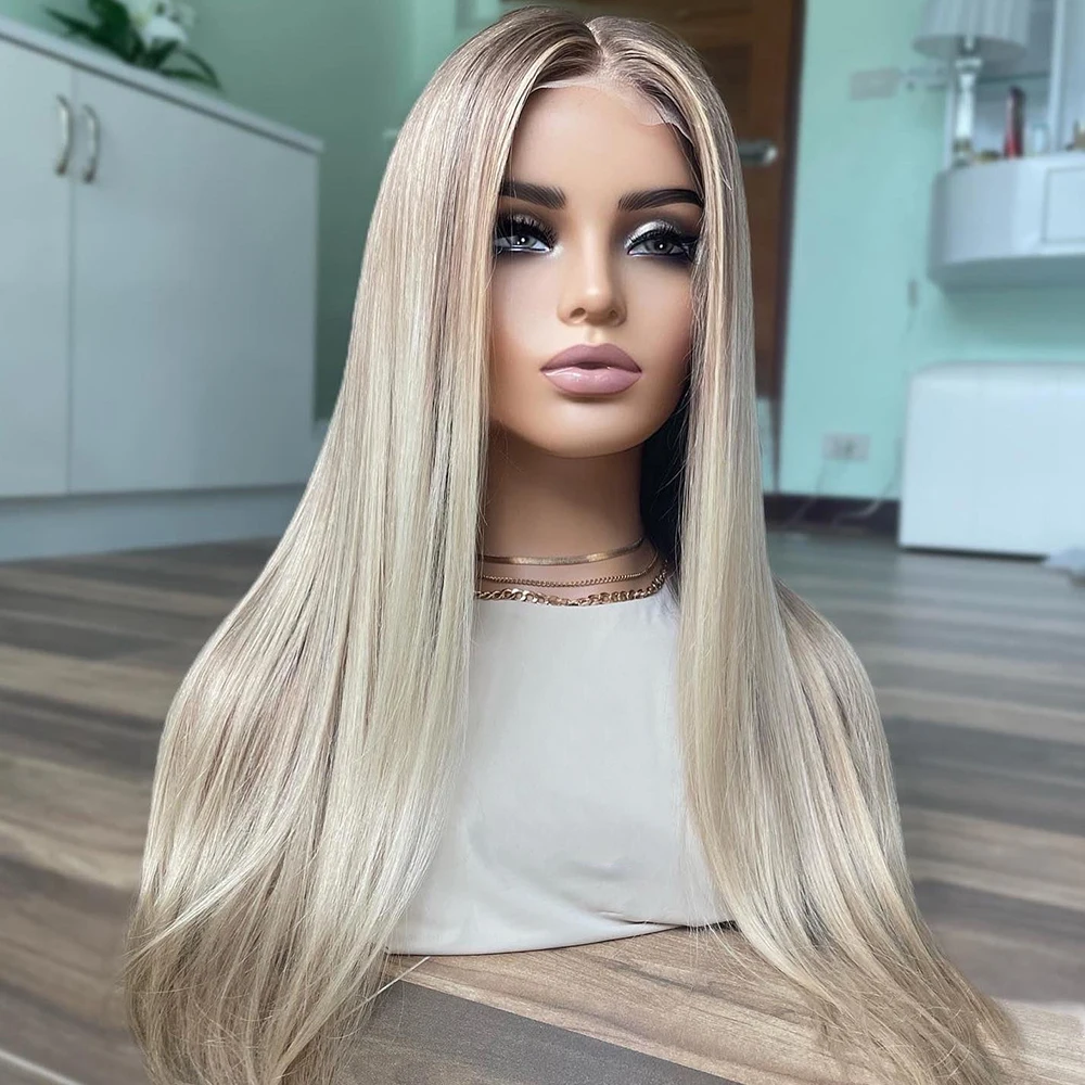 

Silky Straight Ombre Human Hair Wig Light Blonde Full Lace Wigs Ashy Roots 200% Glueless HD 13x6 Lace Front Wig for Black Women