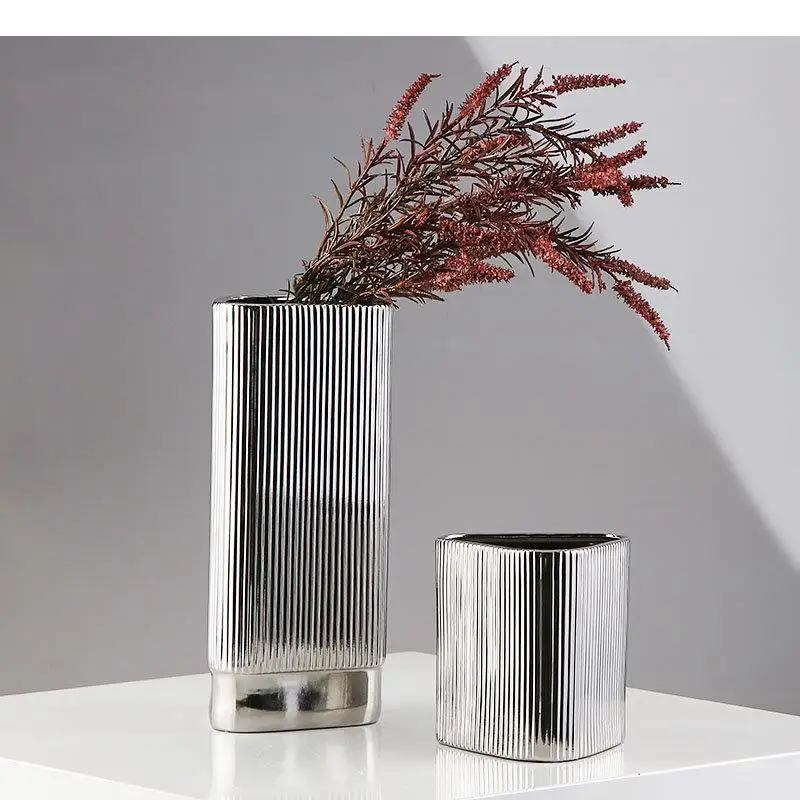 

Посеребренная Вертикальная керамическая ваза, настольное украшение, геометрическая форма, цветочные вазы, цветочные горшки, декоративная Цветочная композиция