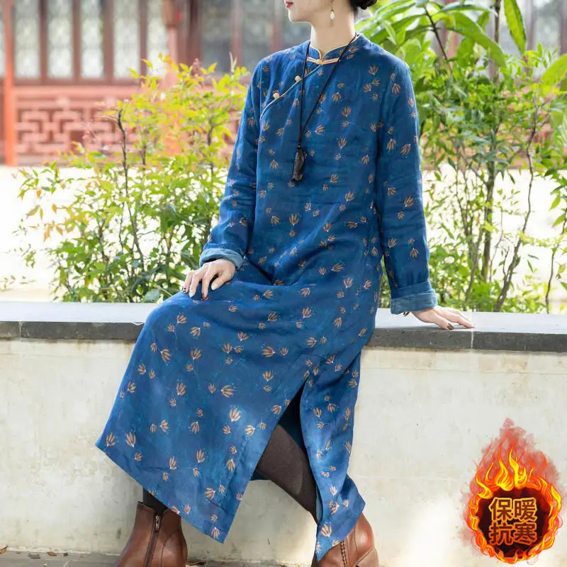 2024 chinese cotton linen printed dress women's winter thickened qipao long skirt floral floral printing blue cheongsam dress
2024 chinese cotton linen printed dress women's winter thickened qipao long skirt floral floral printing blue cheongsam dress