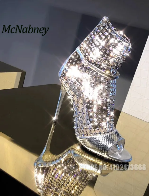 

Bling Elastic Mesh Roman High Heels Thin Heel Hollow Out Versatile Peep Toe Sandals Sexy Rhinestone Sandals Female Fashion Pumps