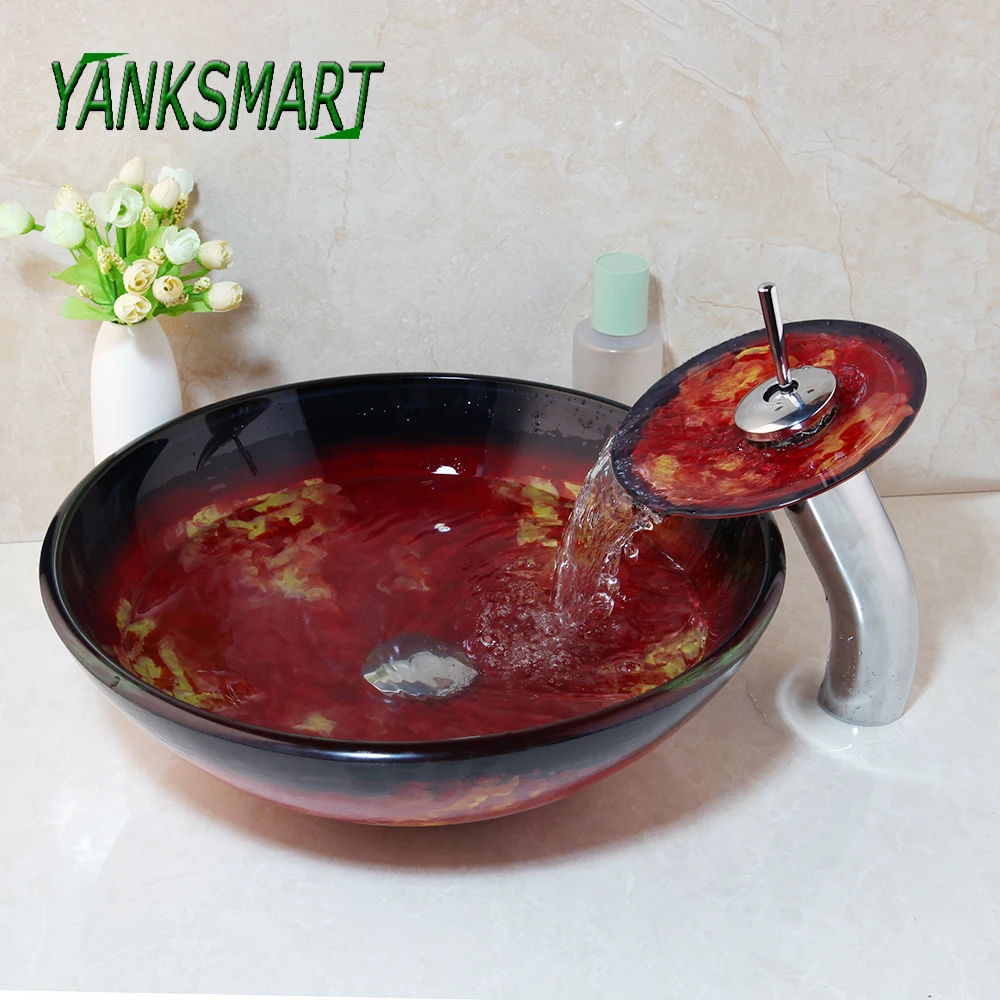 

YANKSMART European Style Tempered Glass Hand Painting Counter Top Washbasin Bowl Vessel Vanity Faucet With Pop-up Drain Set Tap