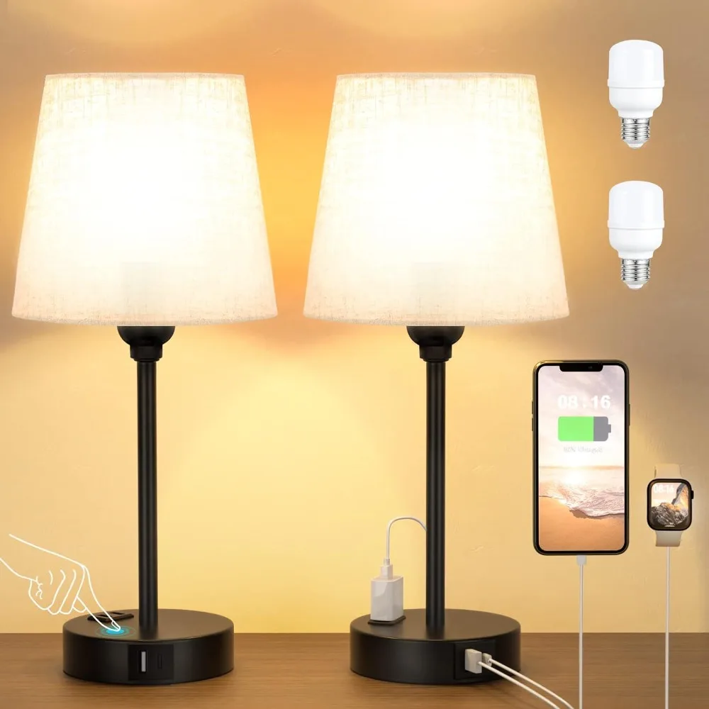 

Bedside Table Lamps for Bedrooms Set of 2 - Nightstand Bedroom Lamps with USB C Port and AC Outlet Charging, Dimmable Touch