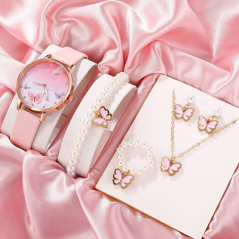 6PCS Set Women's Watches Pink Butterfly Quartz Wristwatches Relogio Luxury Watches Ladies Leather Gift Girls Clock Reloj Mujer
6PCS Set Women's Watches Pink Butterfly Quartz Wristwatches Relogio Luxury Watches Ladies Leather Gift Girls Clock Reloj Mujer