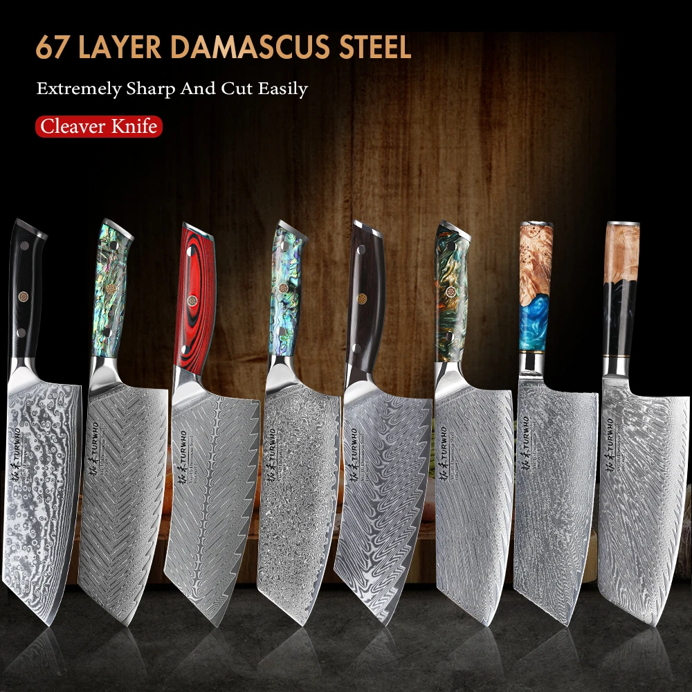 

TURWHO Professional Cleaver Knife 67 Layer Damascus Steel VG10 Kitchen Slicing Chef Knives Meat Butcher Chinese Vegetable Knives