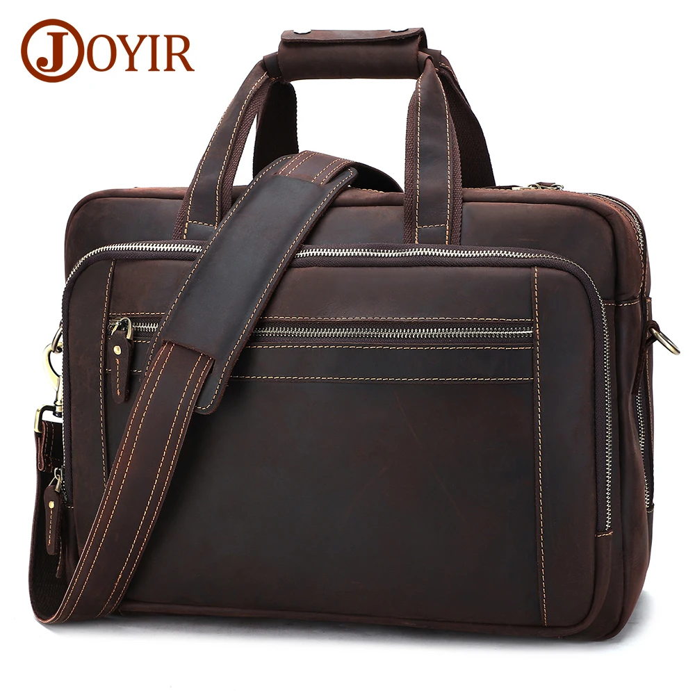 

JOYIR Vintage Men's Crazy Horse Genuine Leather Briefcase Business Handbag for 15.6" Laptop Shoulder Messenger Bag Tote Male