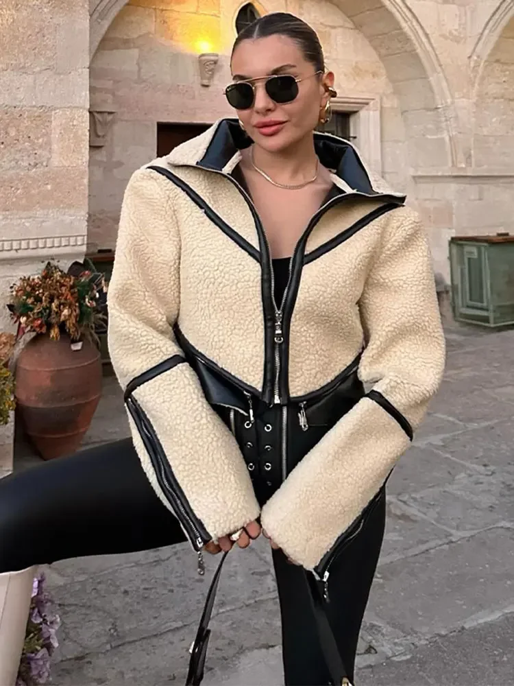 

Fashion Women's Integrated Fur Cropped Jackets Winter Turndown Collar Zipper Thciken Warm Coats Female Street Pockets Outerwear