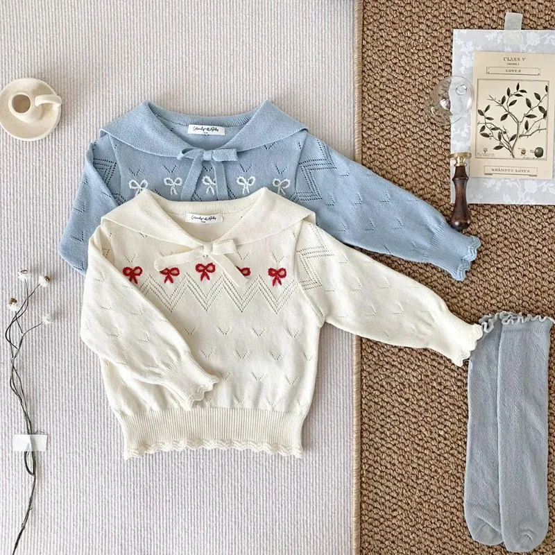 

HoneyCherry New Girls Knitted Pullovers Sweaters Sailor Collar Embroidery Long Sleeve Tops Children Sweater Knit Sweater