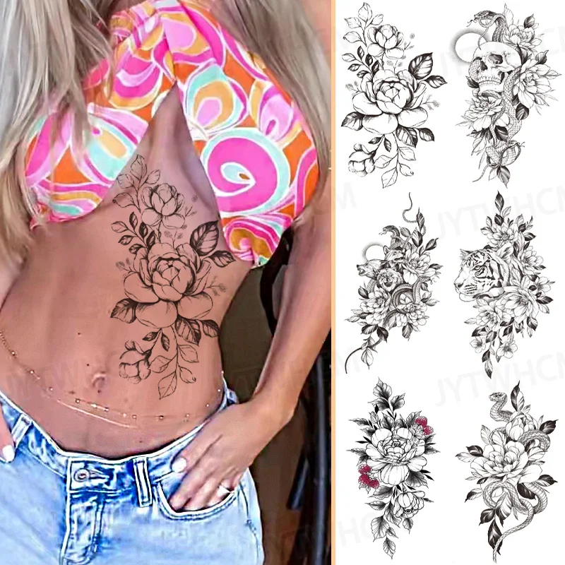 

Henna Lotus Designs Waterproof Temporary Black Sketchs Flowers Tattoo Stickers Flash Fake Body Tattoos for Women Girl Tattoos