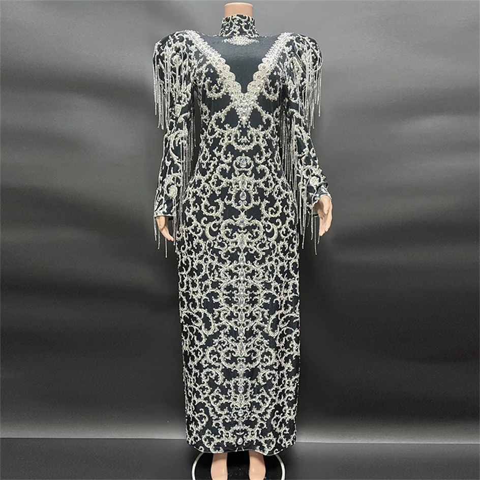 

Temperament Printing Shinning Diamonds Sexy Sheath Dress Evening Party Performance Costume Nightclub Singer Dancer Stage Wear