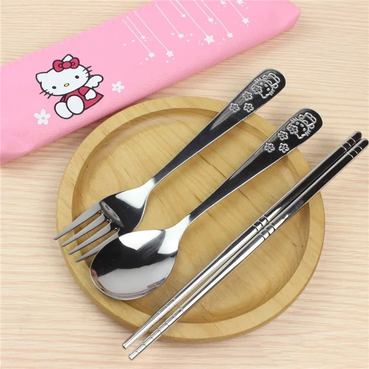 

3PCS/Set Hello Kittys 304 Stainless Steel Tableware PU Leather Zipper Combination Bag Cartoon Kids Chopsticks Fork Spoon Gifts