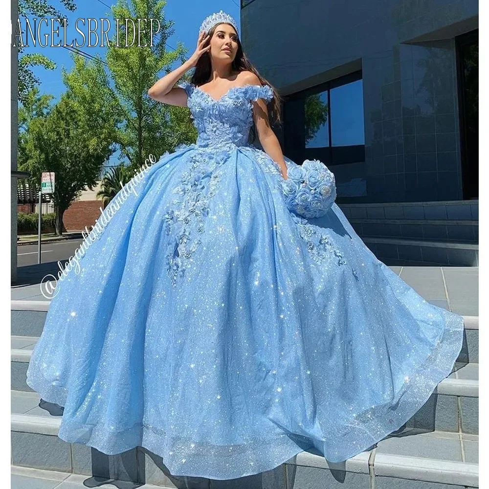 

Блестящее небесно-голубое платье принцессы, бальное платье с бисером и 3D цветами, официальное платье для выпускного вечера, дня рождения, праздника 15 лет