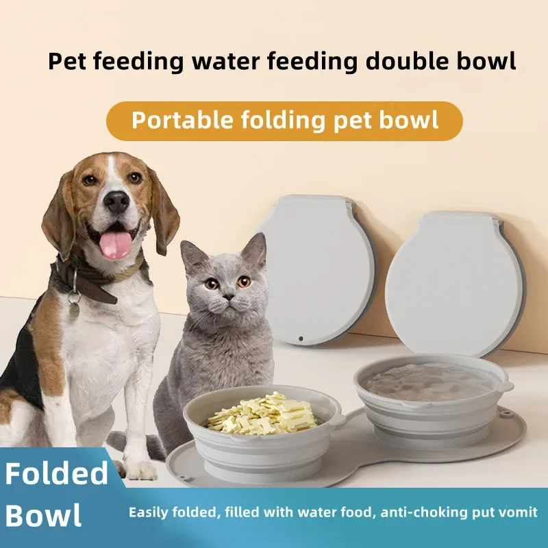 

Миска Для Кормления Собаки портативная силиконовая двойная миска для воды, складная миска для кошек, дорожная миска для домашних животных против удушения, рвоты, миска для медленного питания