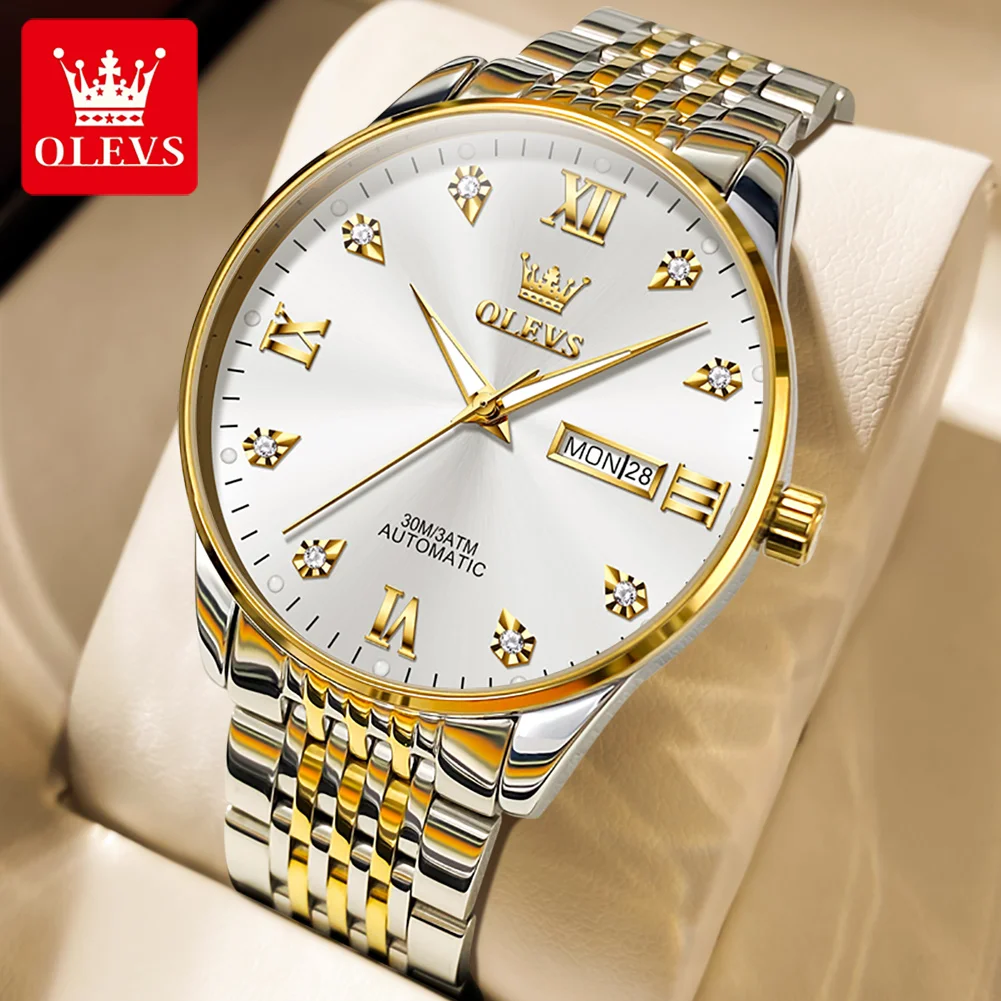 

OLEVS Automatic Mechanical Watch for Men Original Luxury Stainless Steel Roman Numerals Dial Dual Calendar Gentlemen Wristwatch