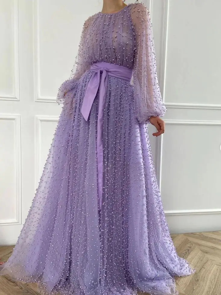 Lilac Evening Dresses 2023 Pearls Puffy Full Sleeves Long A Line with Belt Formal Party Prom Gowns Formal Graduation Dress
Lilac Evening Dresses 2023 Pearls Puffy Full Sleeves Long A Line with Belt Formal Party Prom Gowns Formal Graduation Dress