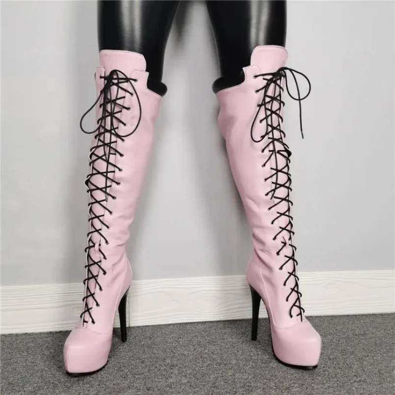 

Женские ботфорты на платформе, розовые сапоги выше колена на шпильке, с круглым носком, большие размеры 5-15, 2024