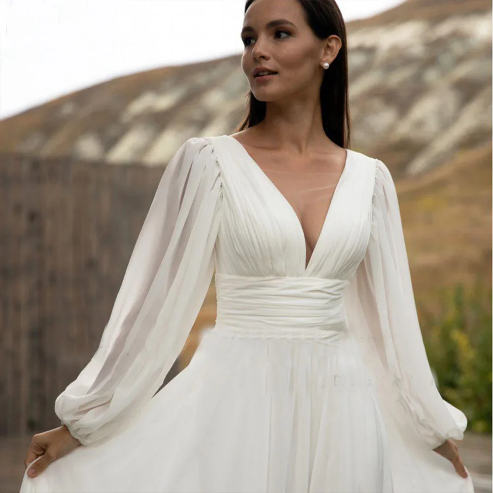 

imple Long Puff Sleeve Chiffon Wedding Dress Bridal A Line Backless Beach Bride Gown Sweep Train robe de mariée vestidos