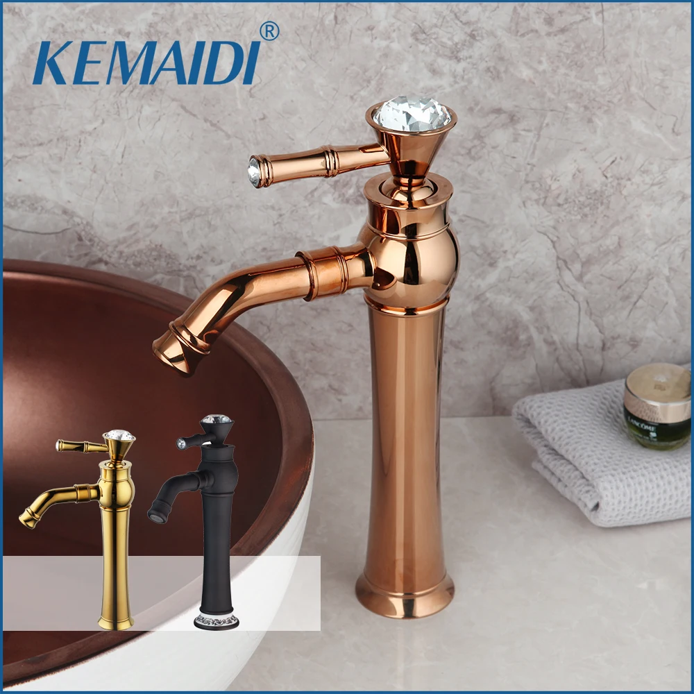 

KEMAIDI Bathroom Basin Sink Faucet w/ Diamond Handle 360 Swivel Spout Faucets Vessel Vanity Torneira Faucets Mixer Tap Rose Gold