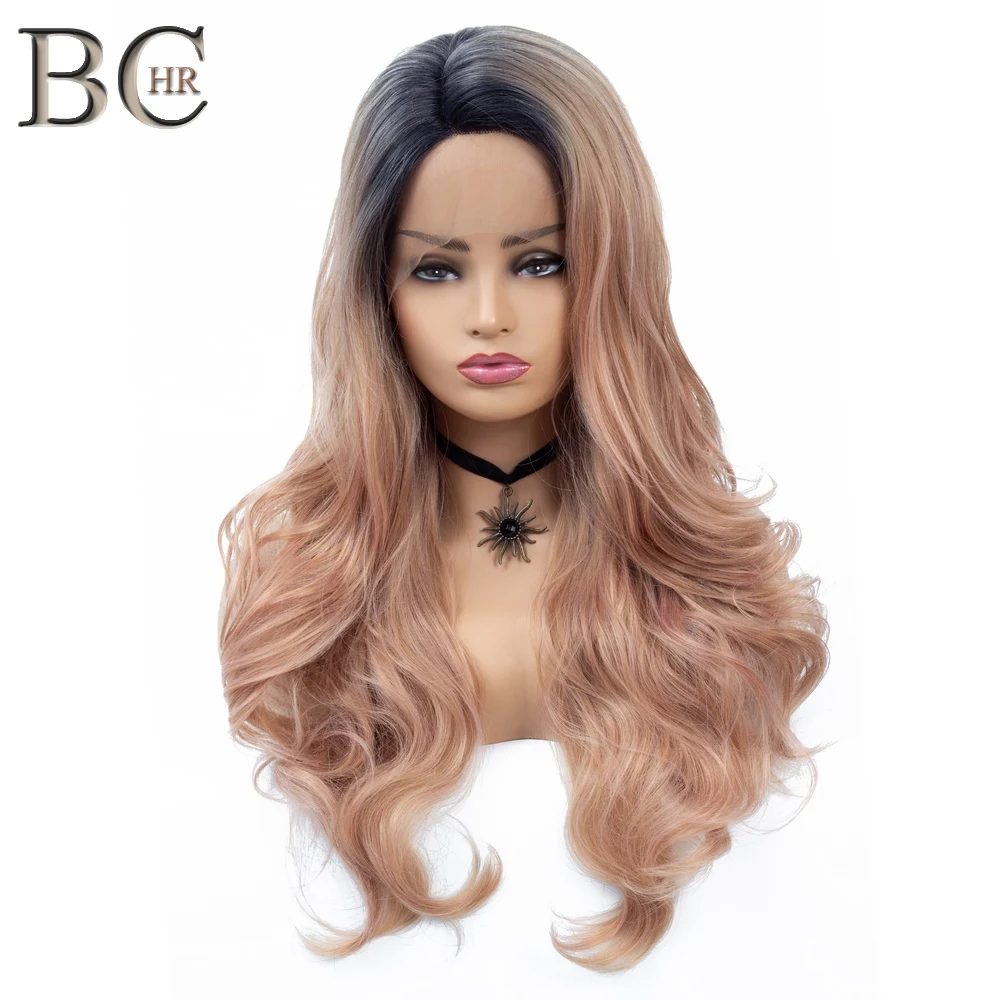

BCHR Long Curly Blonde Ombre Dark Roots Lace Front Wig Natural Hairline Heat Resistant Synthetic Hair Rose Gold Wigs for Women