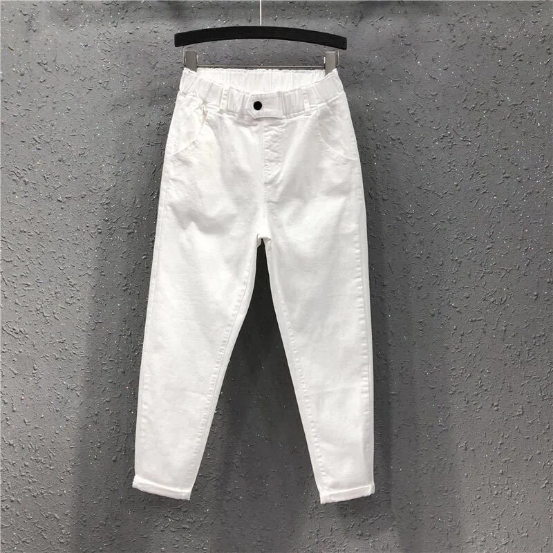 

White Harem Pants Spring New Denim Pant Elastic High Waist Jeans Women's Casual Korean Loose Slimming Full Length Jean Trousers