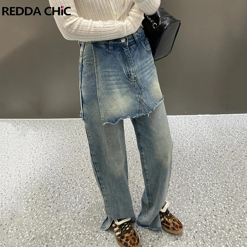 

Винтажные синие мешковатые джинсы ReddaChic с начесом, женские лоскутные джинсы с разрезом, повседневные широкие брюки с необработанным краем, Корейская уличная одежда