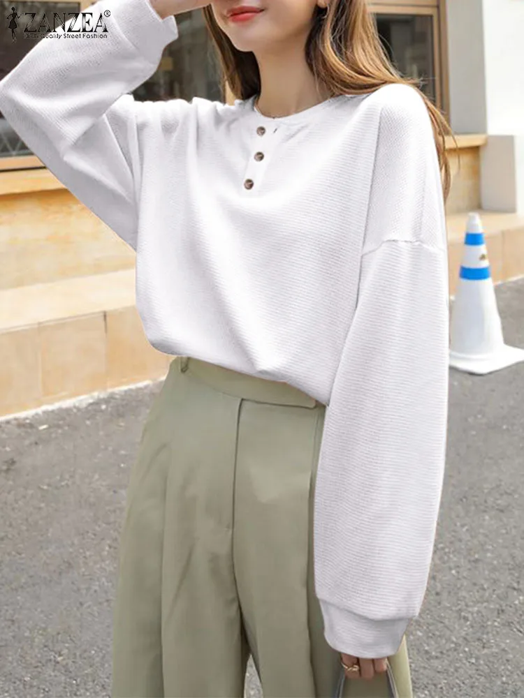 

Блузка ZANZEA женская с круглым вырезом, Простой Топ с длинным рукавом в Корейском стиле, однотонная универсальная модная туника на пуговицах, осень 2023