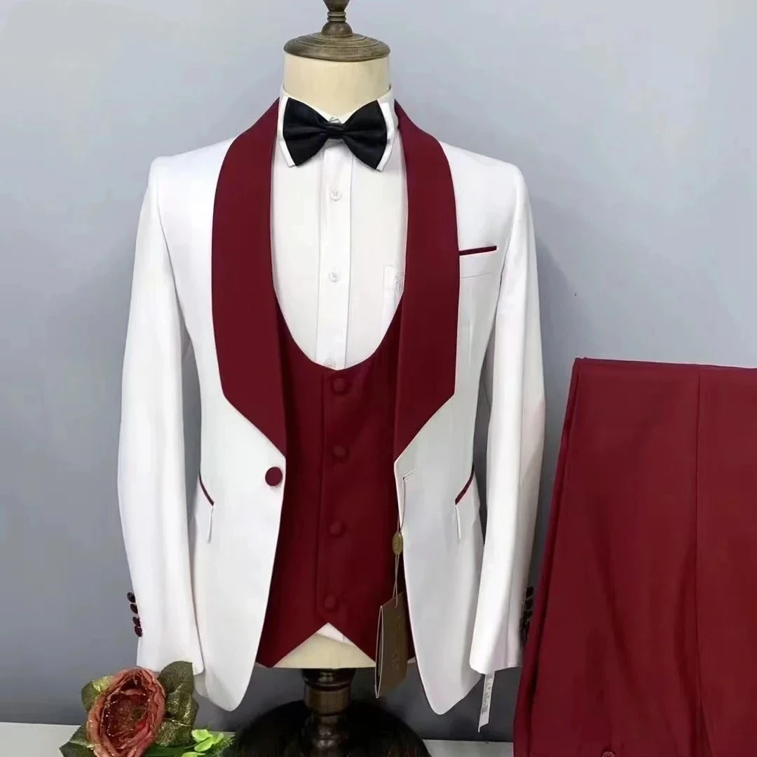 

2024 Custom White And Burgundy Wedding Men Suits Fashion Slim Fit Blazer Set Groom Tuxedo Trajes Elegante Para Hombres 3 piece