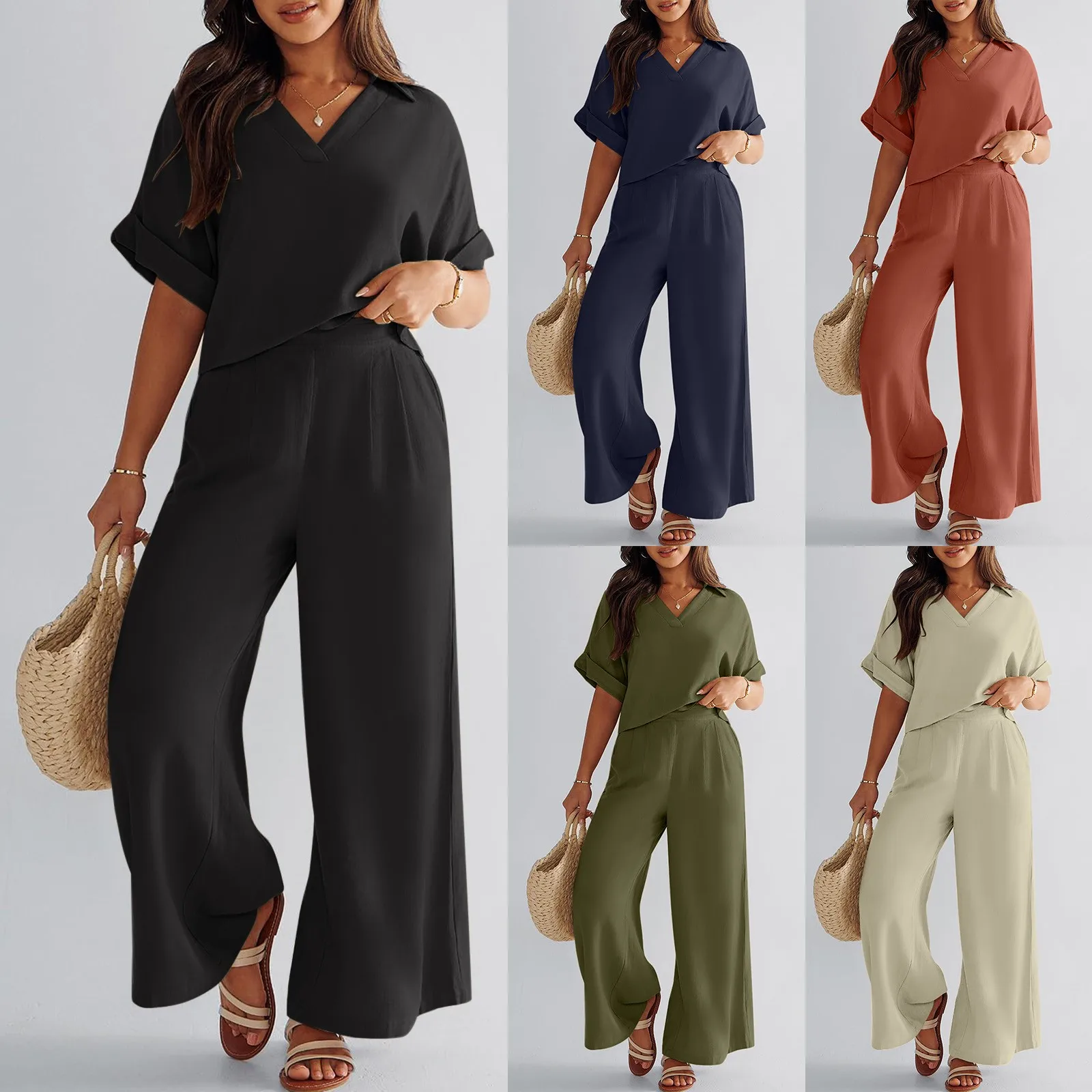 Summer Short Sleeve Polyester Loose Wide Leg Casual Women Two-piece Sets 2024 New Elegant Chic Pleated Solid Suits
Summer Short Sleeve Polyester Loose Wide Leg Casual Women Two-piece Sets 2024 New Elegant Chic Pleated Solid Suits