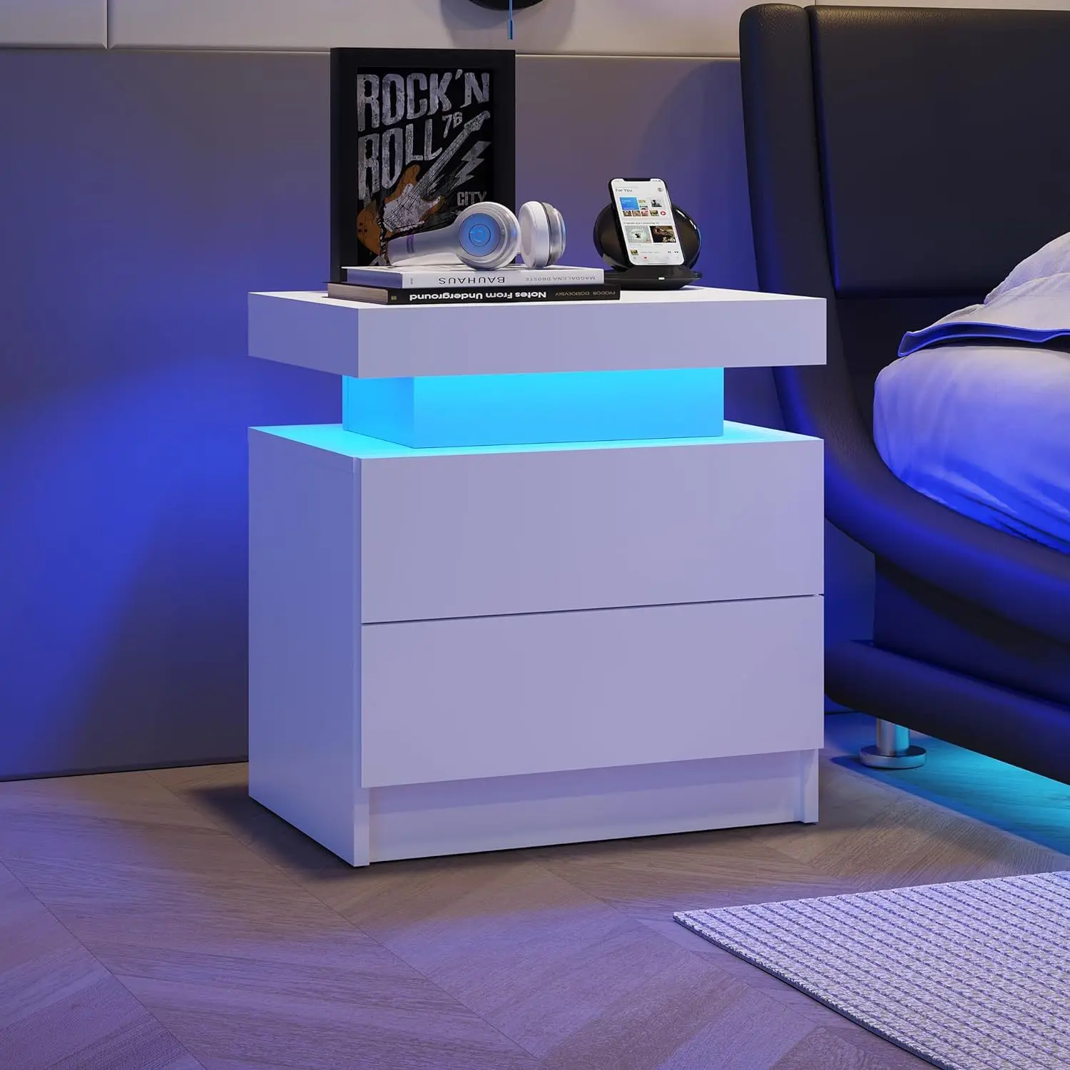 

Modern White Nightstand with LED Lights, 2 Drawers Bedside Table Cabinet for Contemporary Bedroom Decor