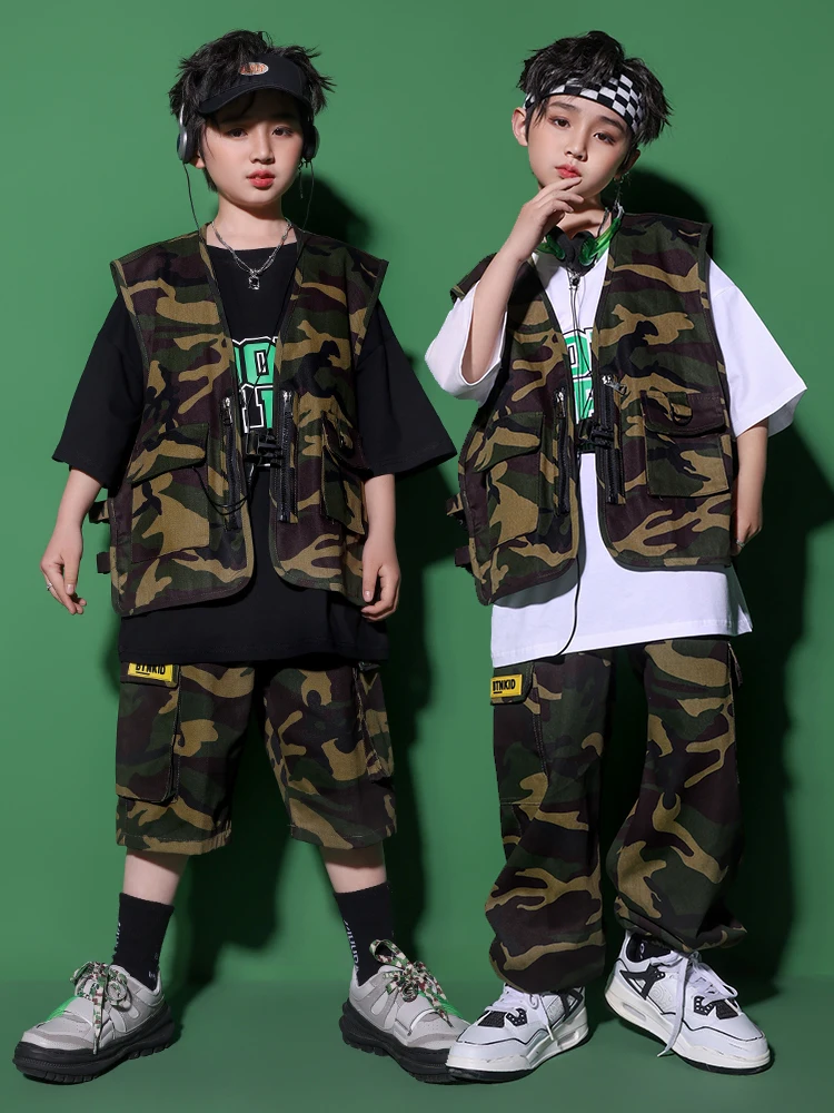 

Kids Teenage Street Clothing Camo Sleeveless Jacket Vest T Shirt Cargo Hip Hop Pants for Girl Boy Jazz Dance Costume Clothes