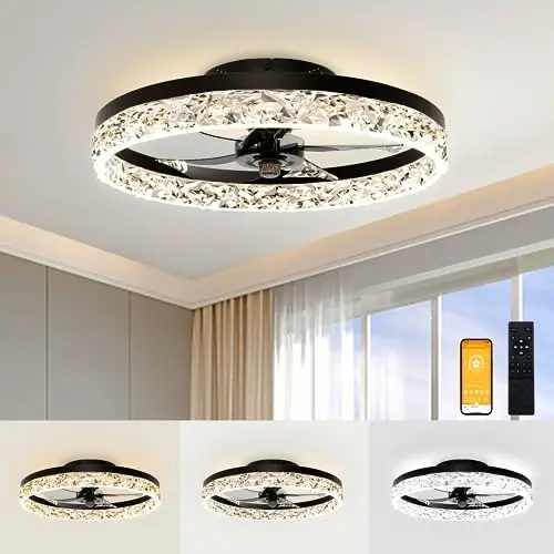 

Ceiling Fans with Lights and Remote, 19.7in Low Profile Ceiling Fan Flush Mount, 3000K-6500K Dimmable Bladeless LED Fan Light, W