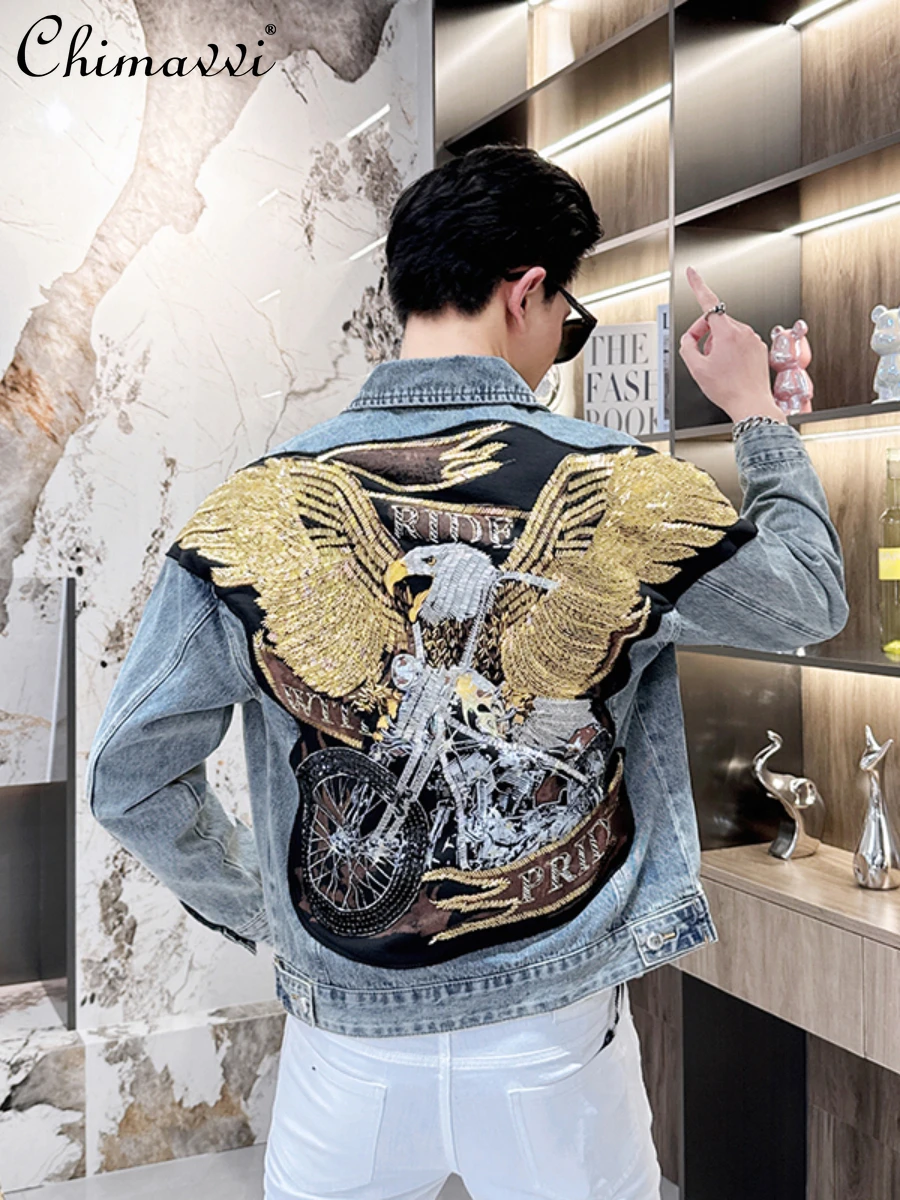 

Men's Denim Coats European Goods Fashion Brand Coat 2024 Spring Clothes New Short High-Grade Eagle Embroidery Handsome Jacket