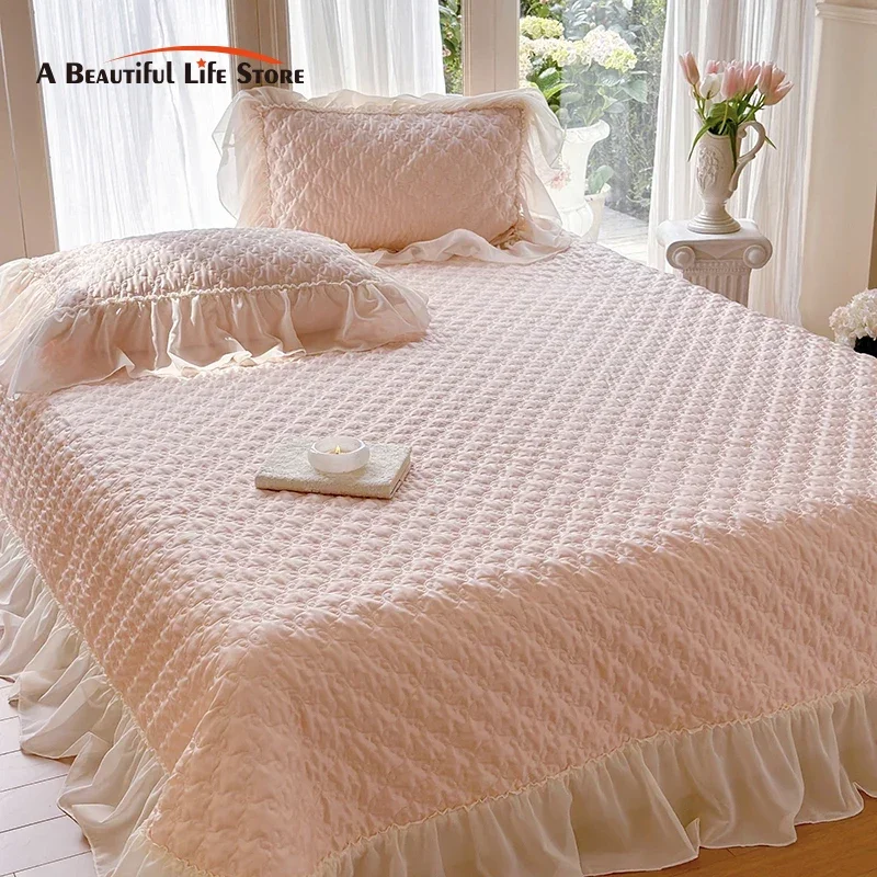 

Pink 100% Egyptian Cotton Quilted Lace Edge Bedspread Bed Cover Mattress Topper Bed Linen Coverlet Bed Sheets With 2 Pillowcases