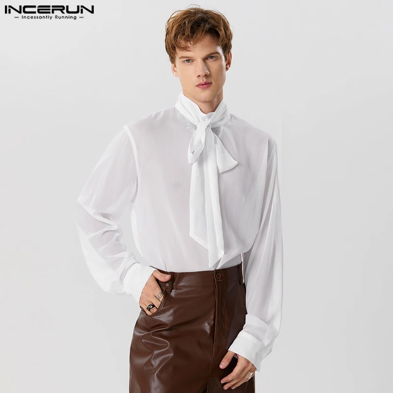 

American Style Men's Chiffon Perspective Ribbon Shirts Fashion Half High Collar Thin Long Sleeved Blouse S-5XL INCERUN Tops 2023