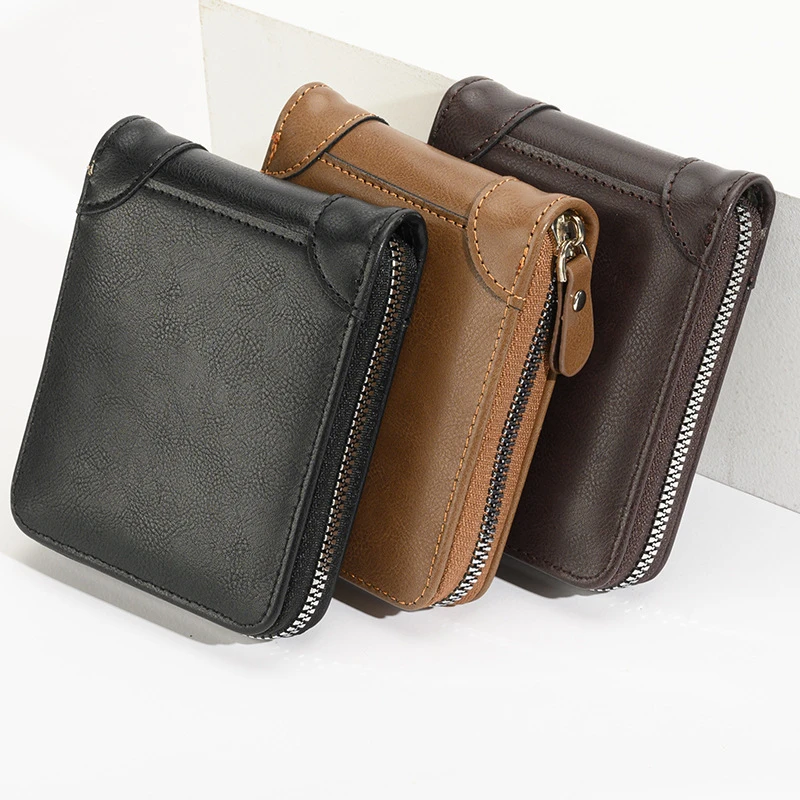 

PU Leather Soft Business Wallet RFID Bifold Zipper Coin Purse Square Shape Classic Men Credit Card Holder Short Mini Clutch Bag