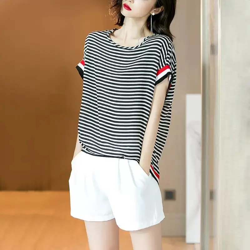 

Women's Clothing Casual Striped T-shirt All-match Loose Stylish Spliced 2024 Summer Commute O-Neck Short Sleeve Korean Pullovers